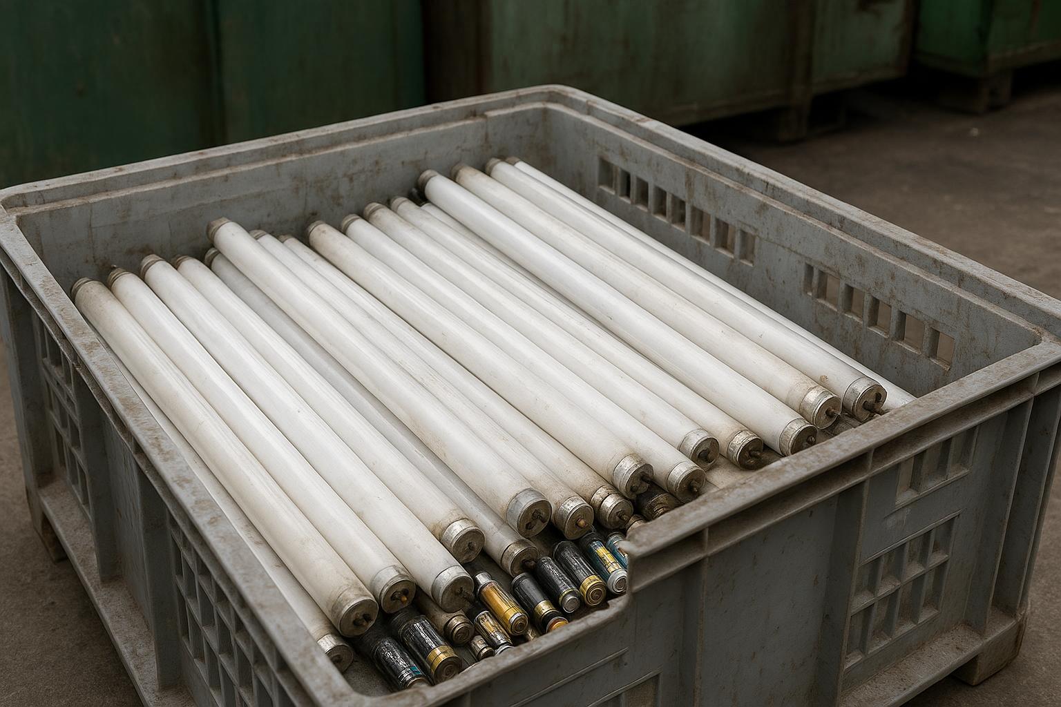 A row of old fluorescent tubes and a few small household batteries in a labelled-free plastic crate at a council recycling centre