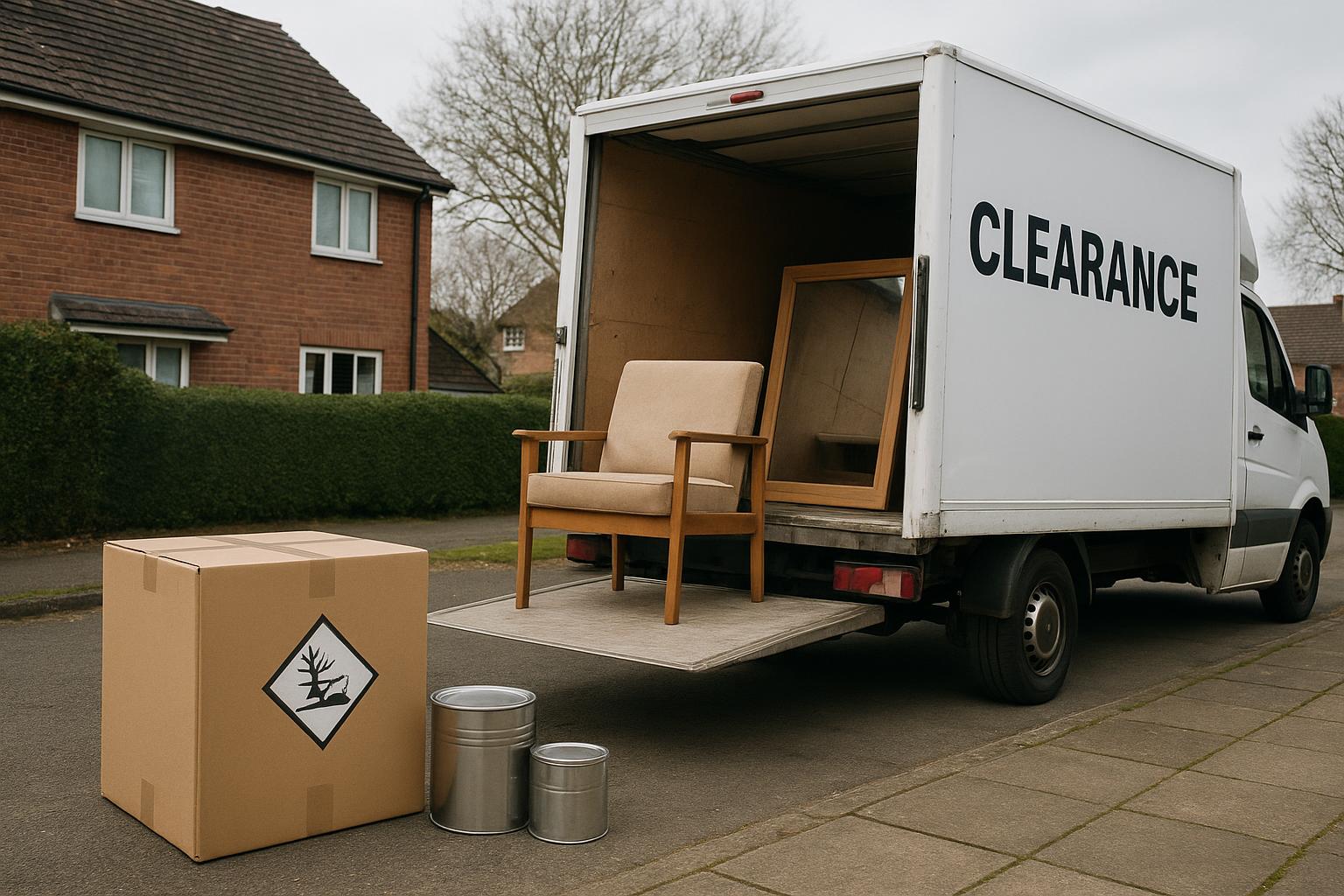 A clearance van being loaded with furniture while a separate sealed crate of chemicals and tins sits apart on the driveway