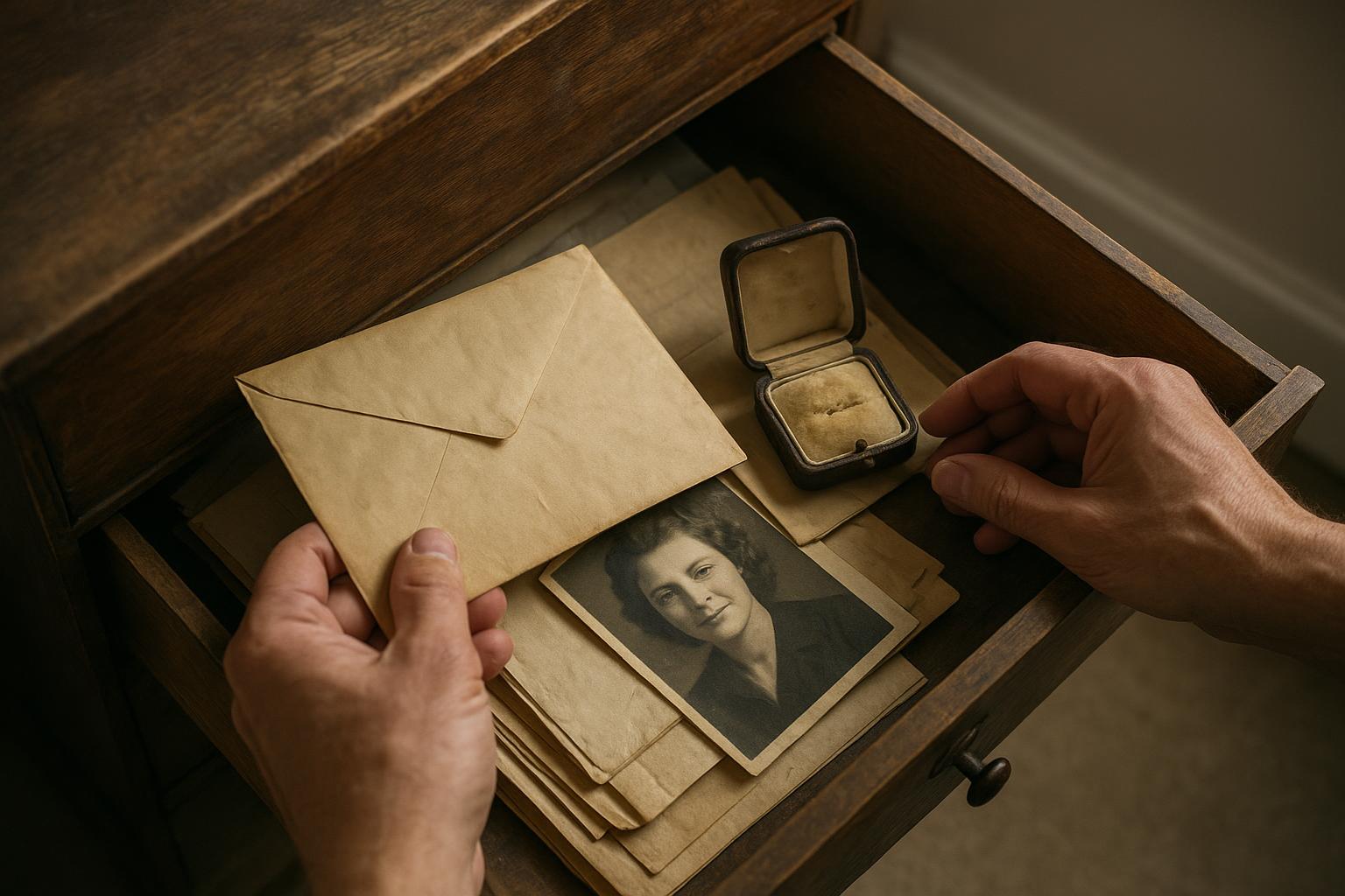 Hands sorting through an old wooden drawer, finding letters, a small jewellery box and a photograph