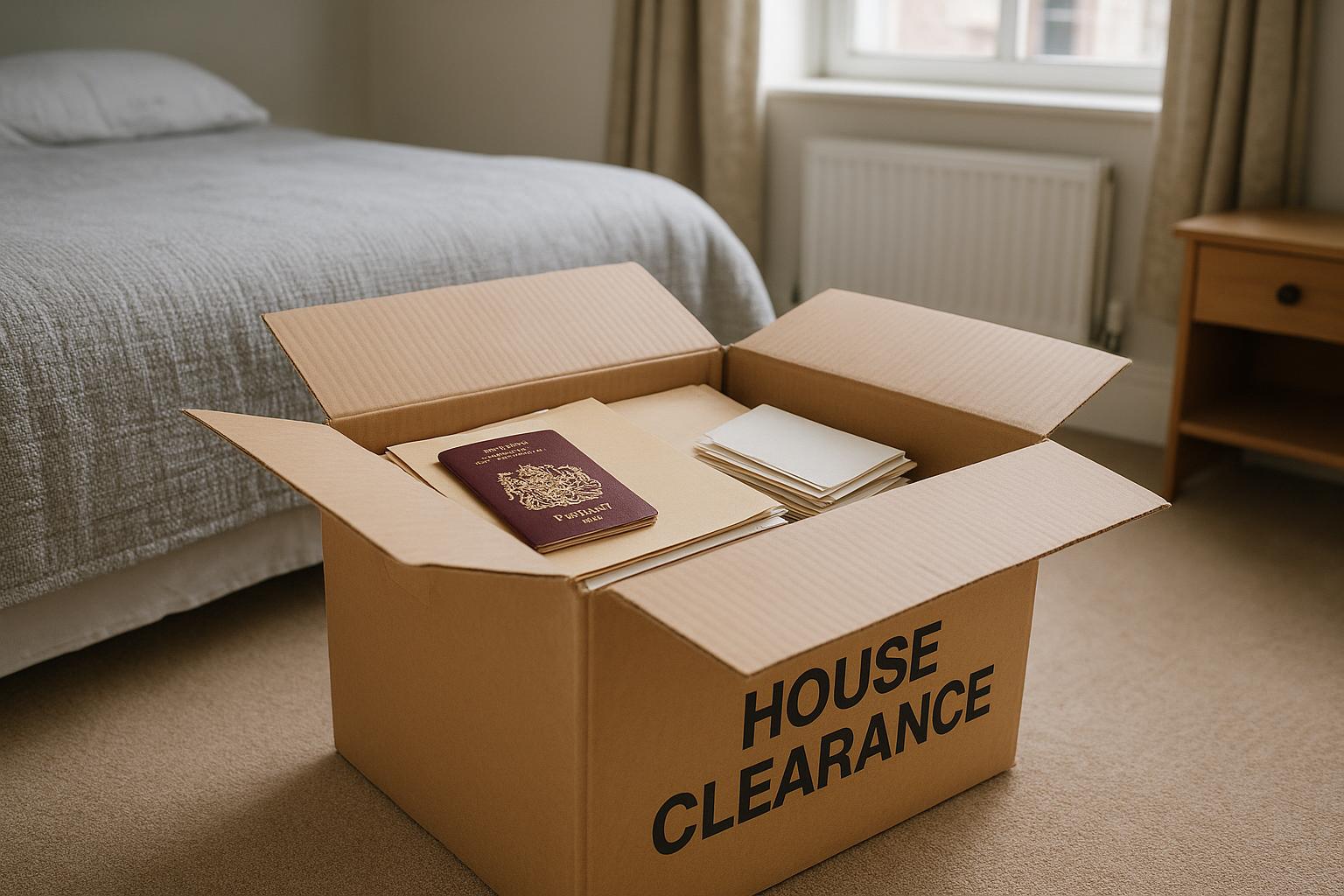 A labelled cardboard box on a bedroom floor holding important documents and a passport, set aside before a clearance