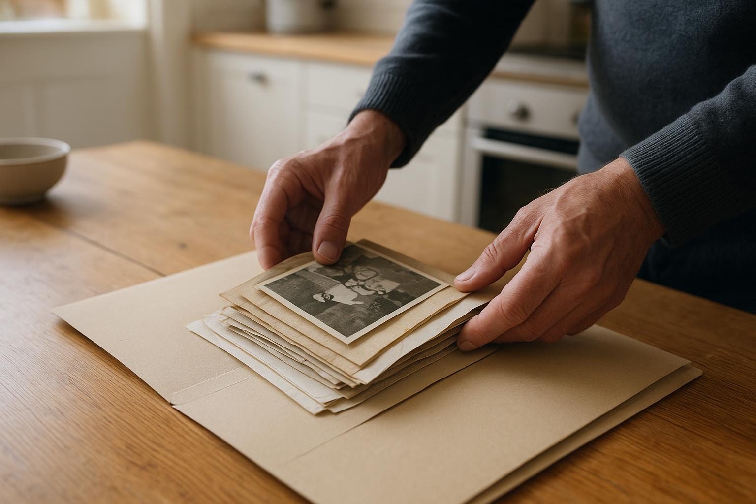 Old photographs and family letters being placed into a protective folder on a kitchen table