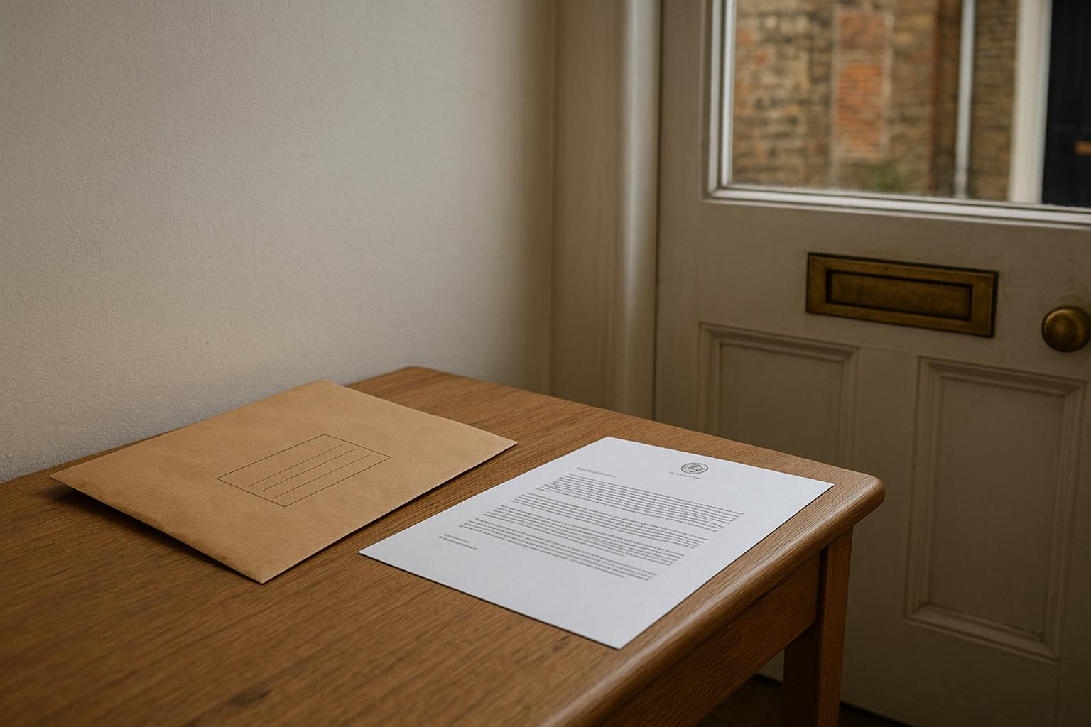 A brown envelope and a formal letter on a hallway table beside a London front door, no people visible