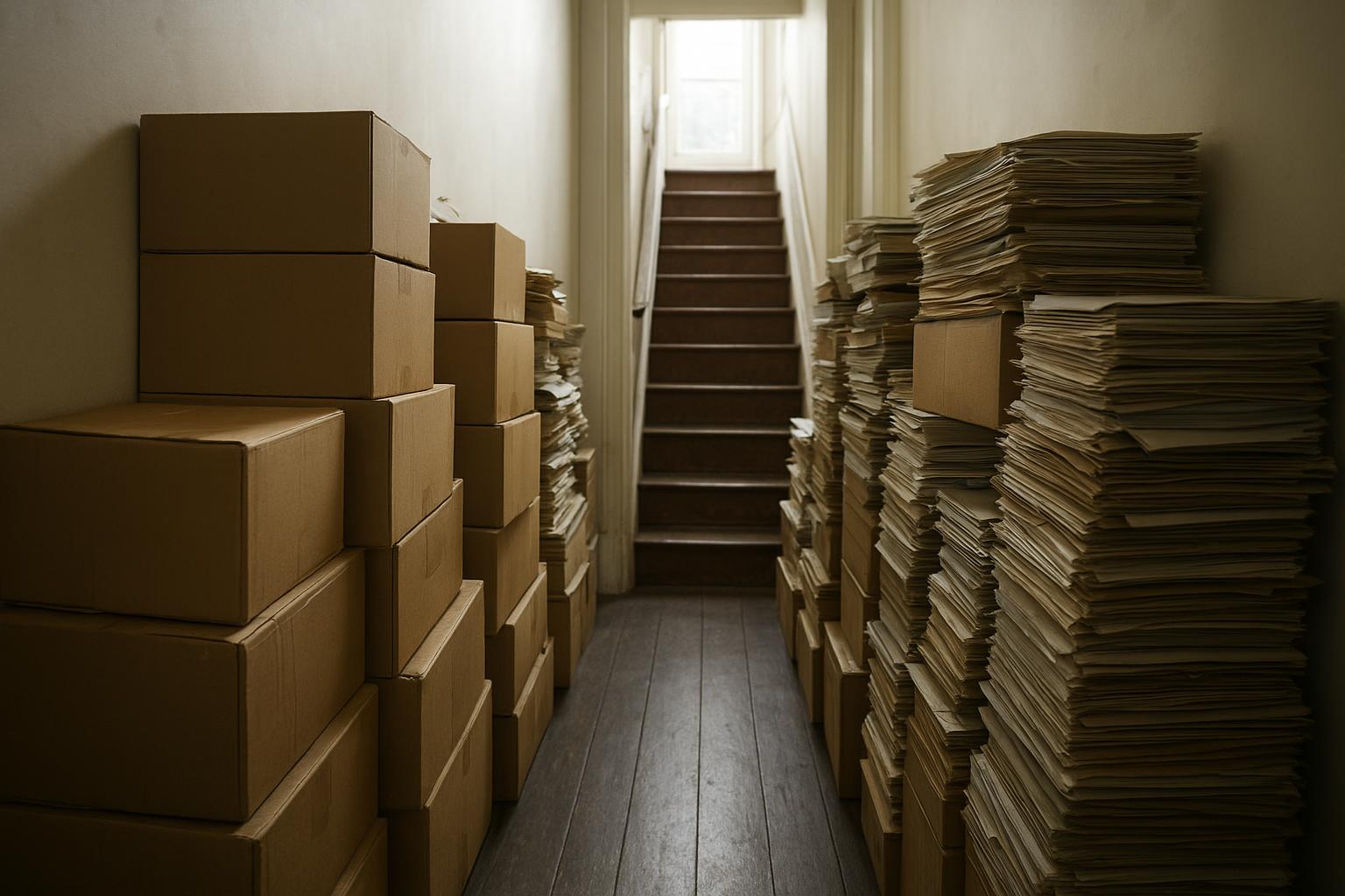 A narrow hallway with stacked boxes and papers along both walls leaving a narrow path to the stairs, no people visible