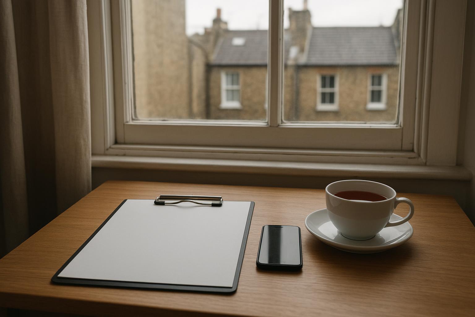 A blank clipboard, a phone and a cup of tea on a desk by a London window, no people visible