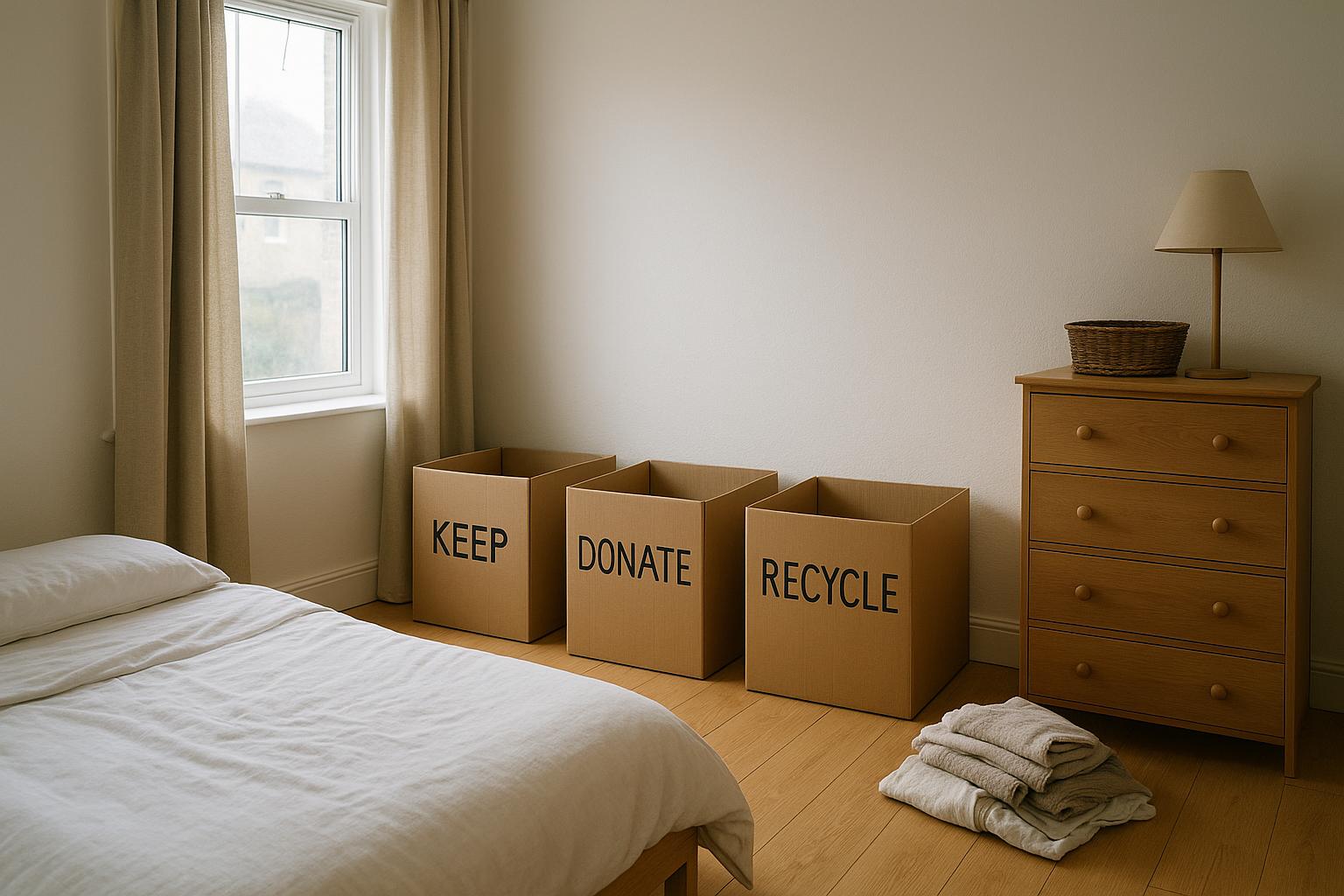 A tidy London bedroom mid-declutter with labelled keep, donate and recycle boxes against one wall, no people visible