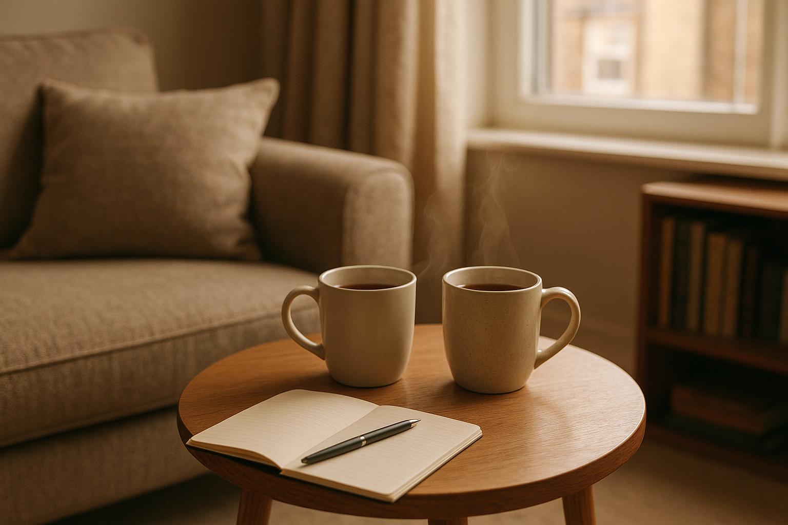 Two mugs of tea and an open notebook on a small table in a softly lit living room, suggesting a calm conversation, no people visible