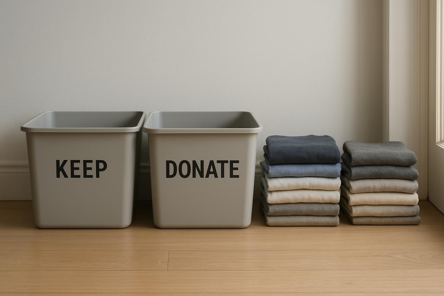 Labelled keep and donate bins beside neatly folded clothes in a hallway, no people visible