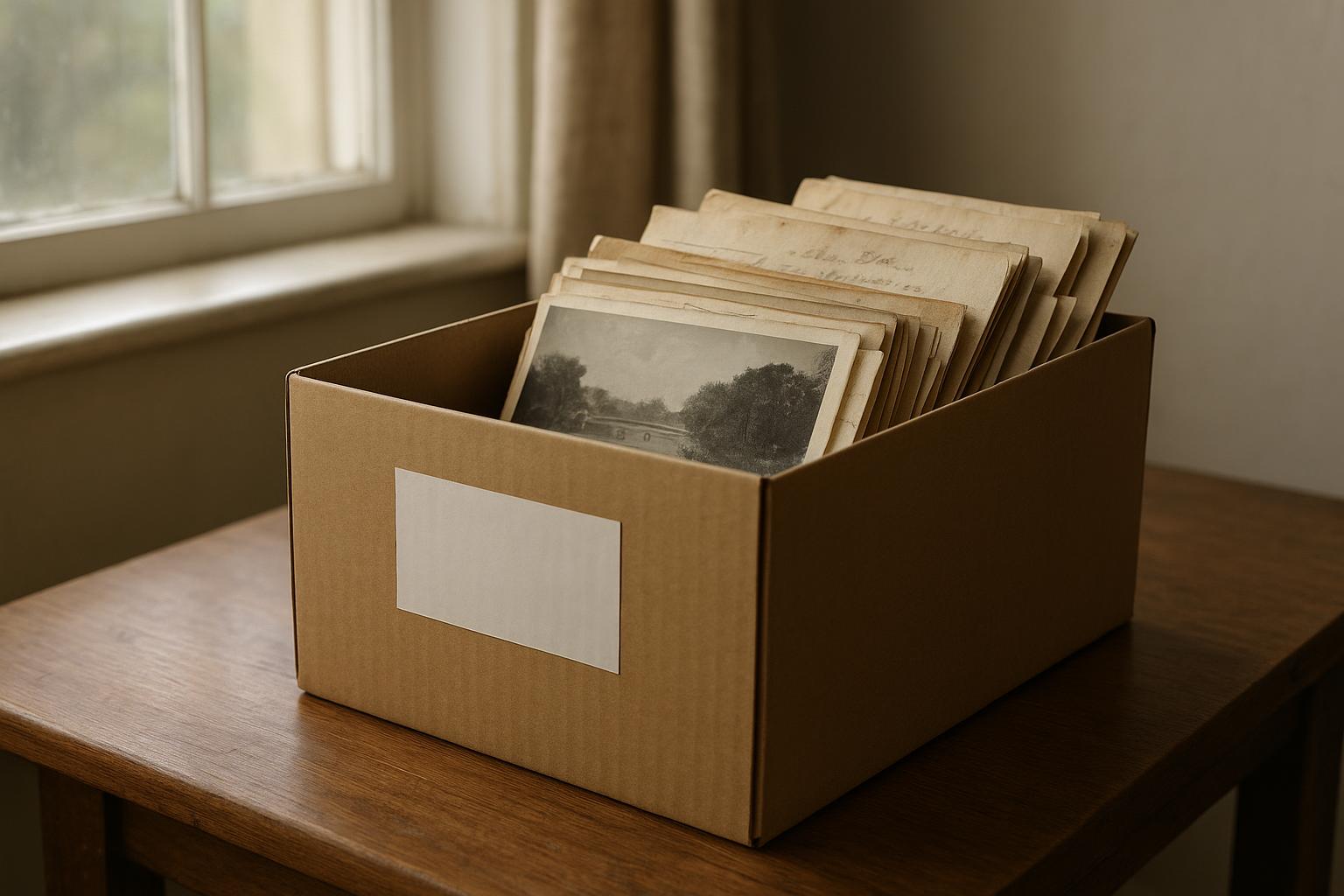 A labelled cardboard box on a table holding documents and photographs, set aside before a house clearance