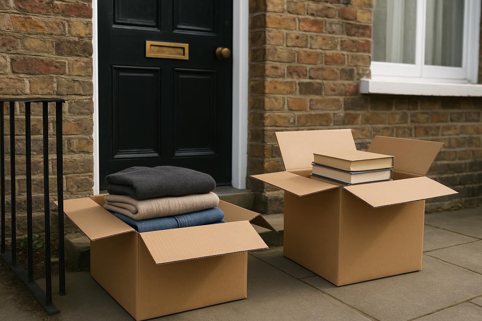 Folded clothing and books packed into boxes beside a front door, ready for charity donation
