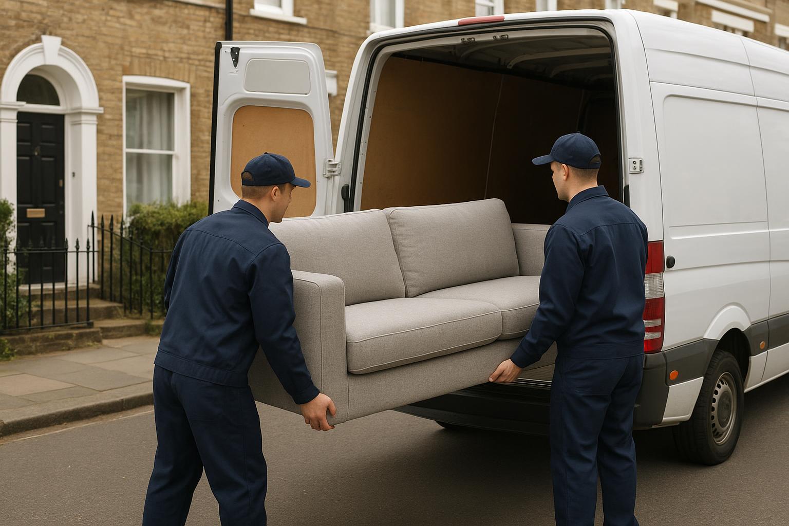 A licensed clearance crew loading furniture into a van outside a London terraced house