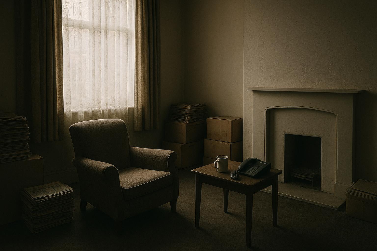 A quiet living room with an armchair by a net-curtained window, a cold cup of tea, a landline phone and stacked boxes and newspapers along the walls, no people visible