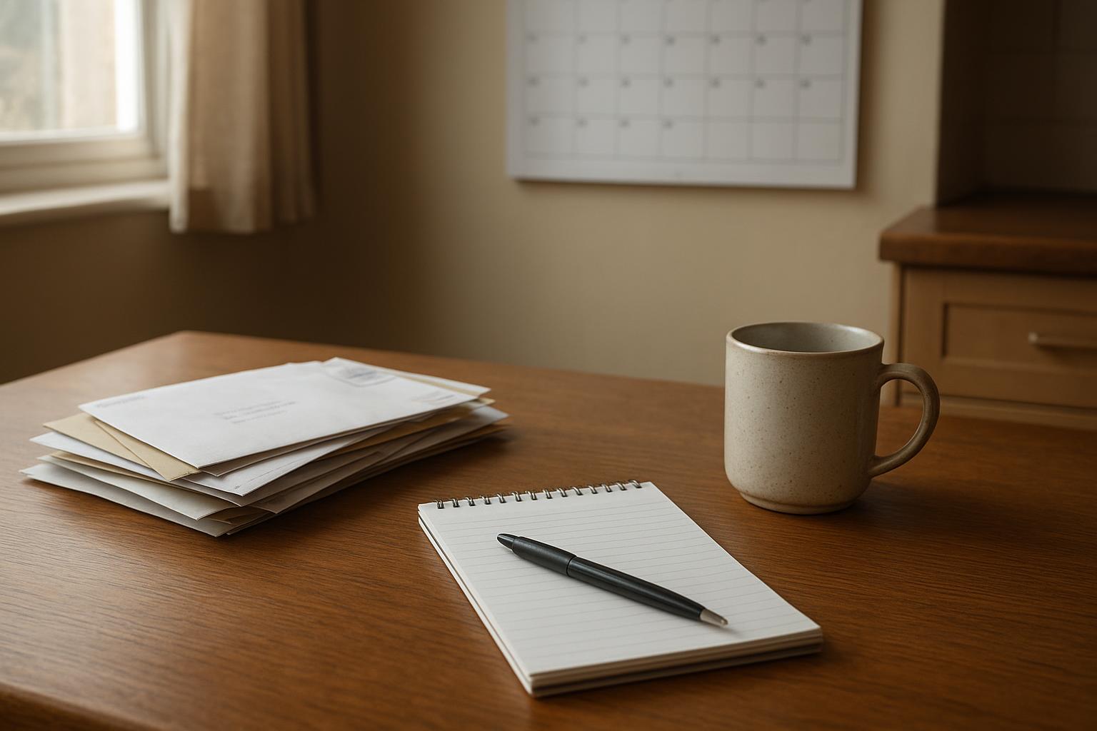 A kitchen table with a pile of unopened post, a wall calendar, a blank notepad, a pen and a mug in soft window light, no people visible