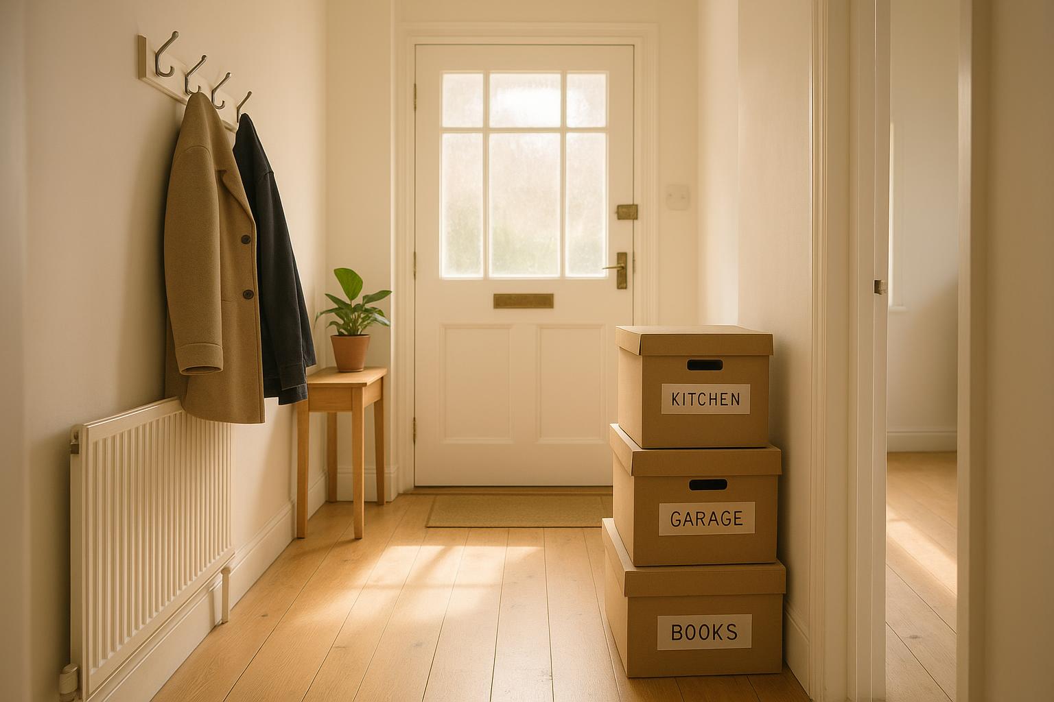 A bright, tidy hallway with a few labelled storage boxes, a coat hook and a small houseplant on a table, no people visible