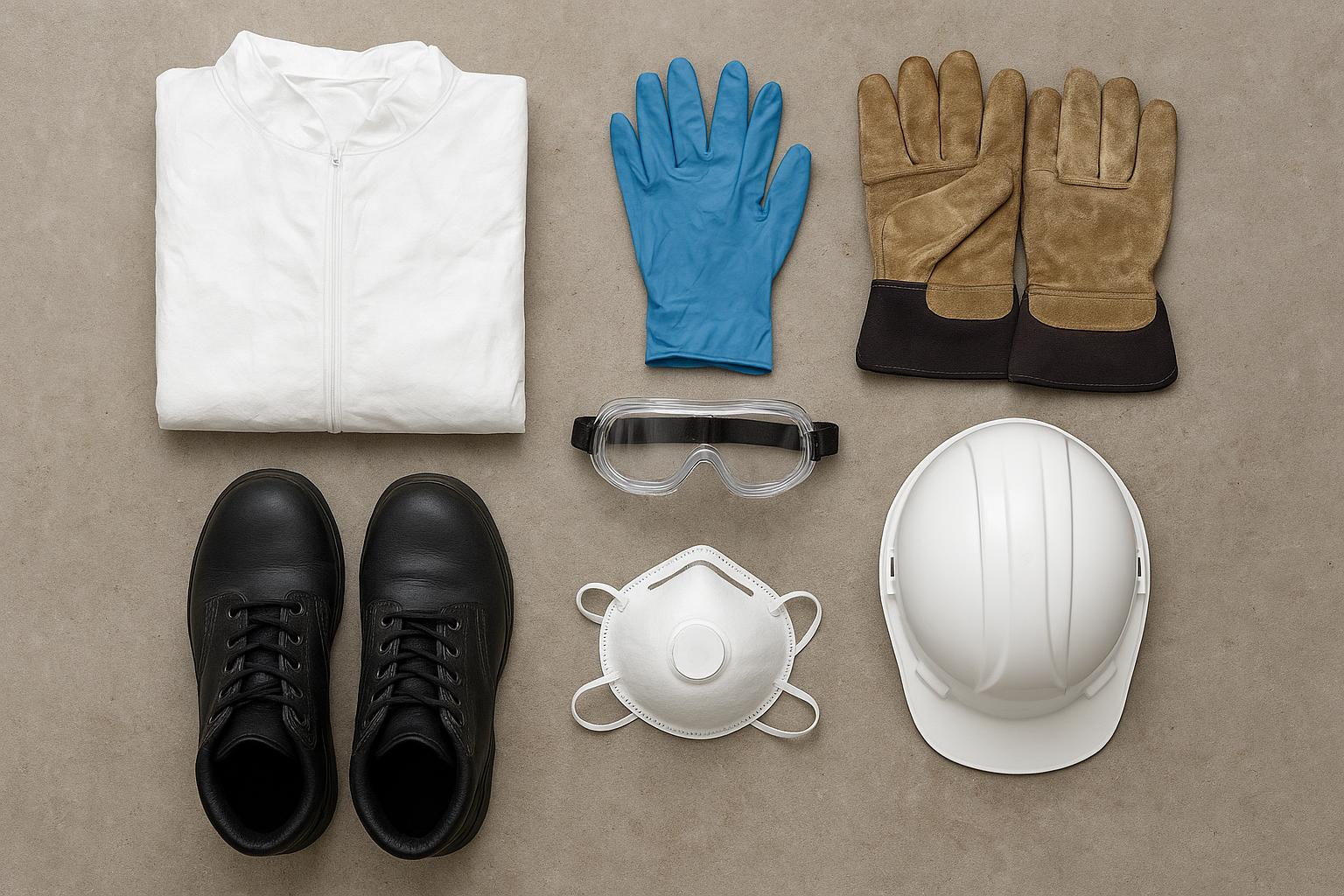 Folded white coverall, nitrile and leather work gloves, goggles, respirator mask, black safety boots and a white hard hat laid flat on a concrete floor, no people visible