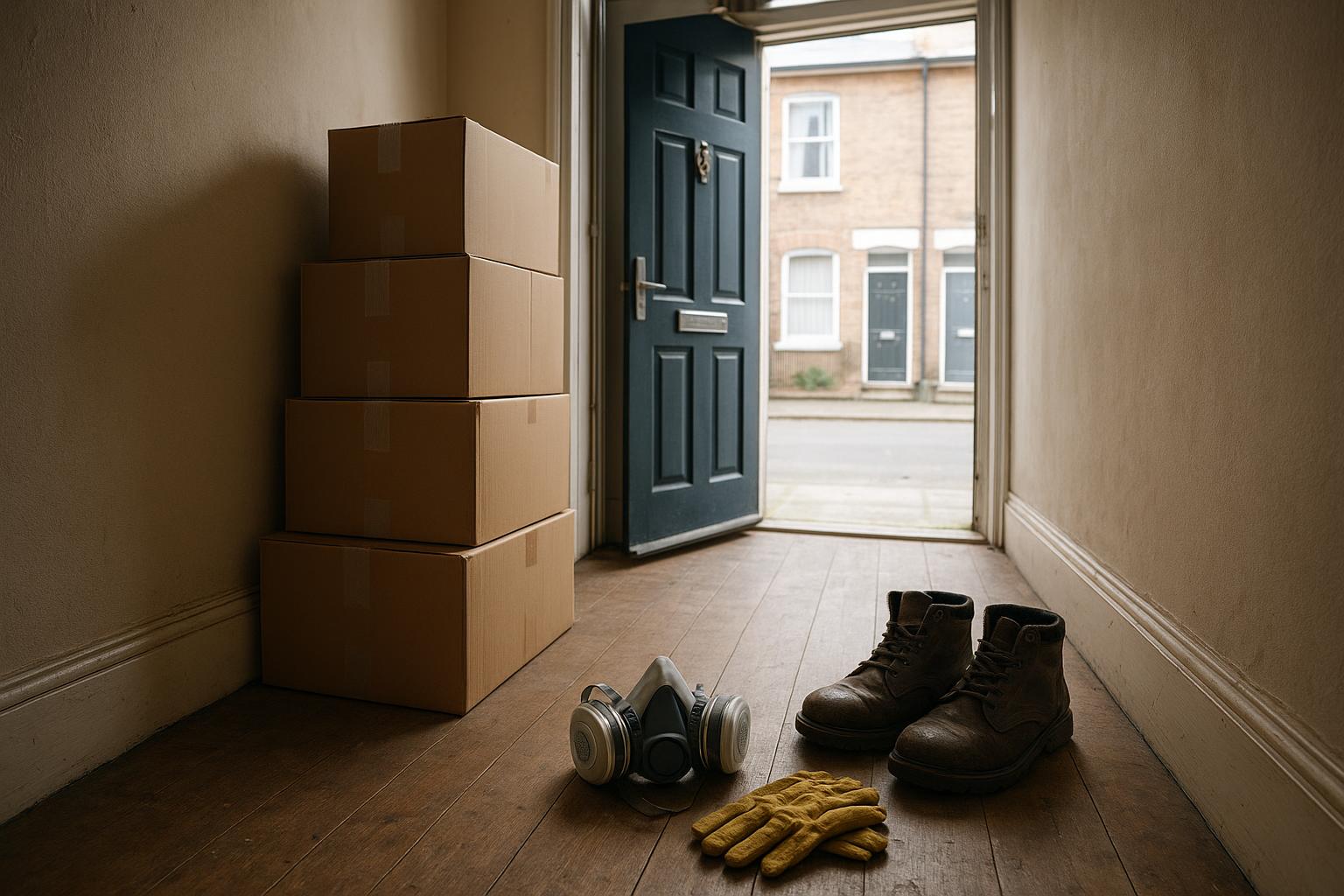 Hallway of an English terraced house with stacked cardboard boxes, a respirator, work gloves and boots on the floor and an open front door, no people visible