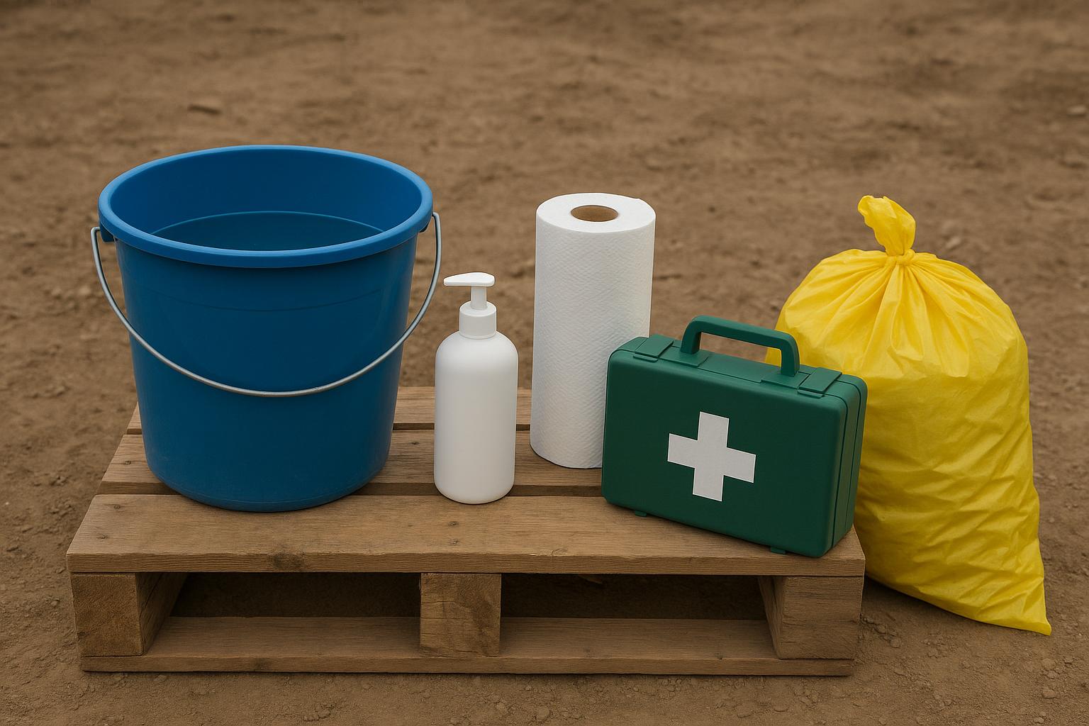 Handwashing and first aid station with a bucket of water, soap, paper towels, a green first aid kit and a yellow waste sack on a wooden crate, no people visible