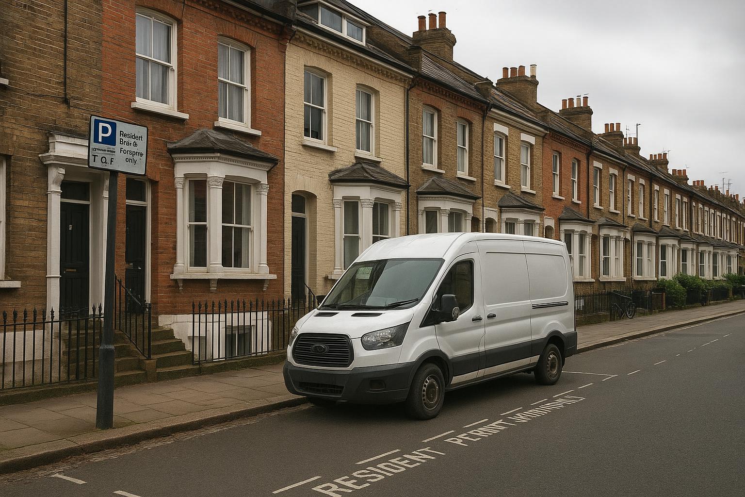 A London terraced street with resident permit parking bays, a parking sign pole and a white clearance van pulled up near a front door