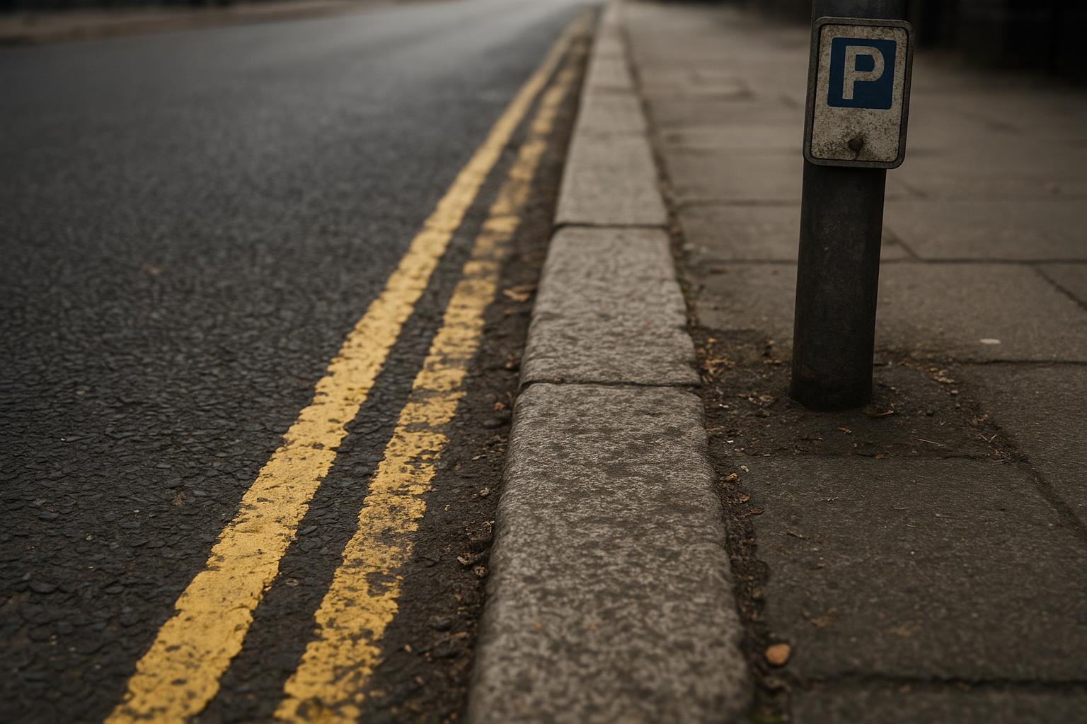 Close-up of London kerb with a single yellow line and small yellow kerb marks beside a parking sign on a pole, no readable text