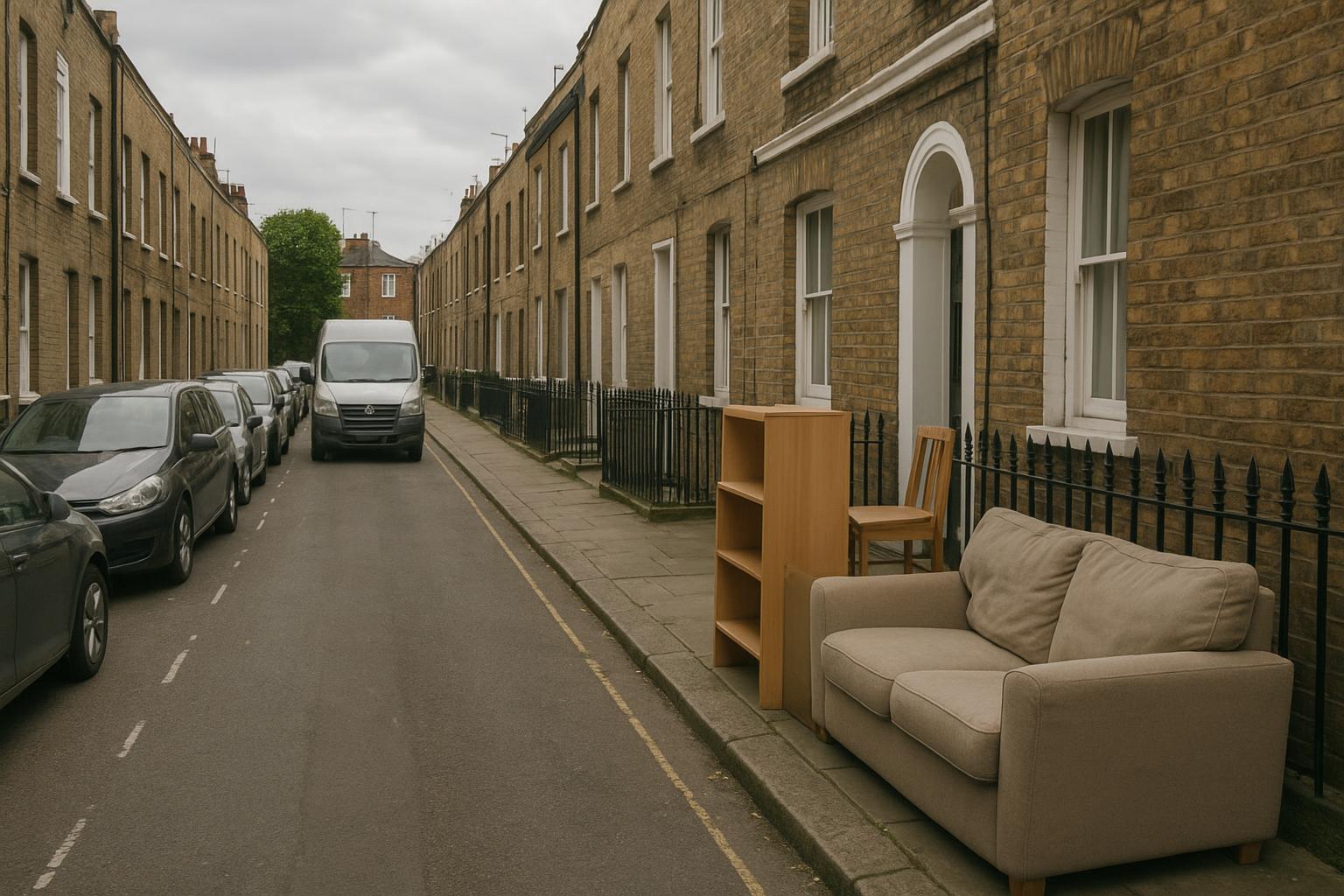 A narrow London street of parked cars with a white van waiting and furniture stacked on the pavement outside a house