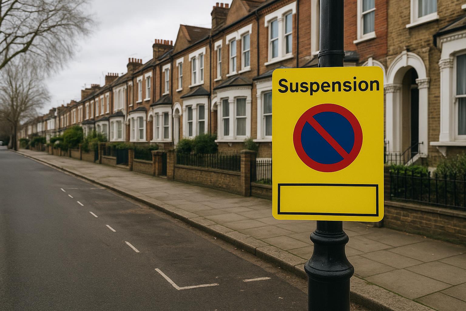 A London residential street with a temporary parking bay suspension sign attached to a lamp post beside an empty bay, no readable text