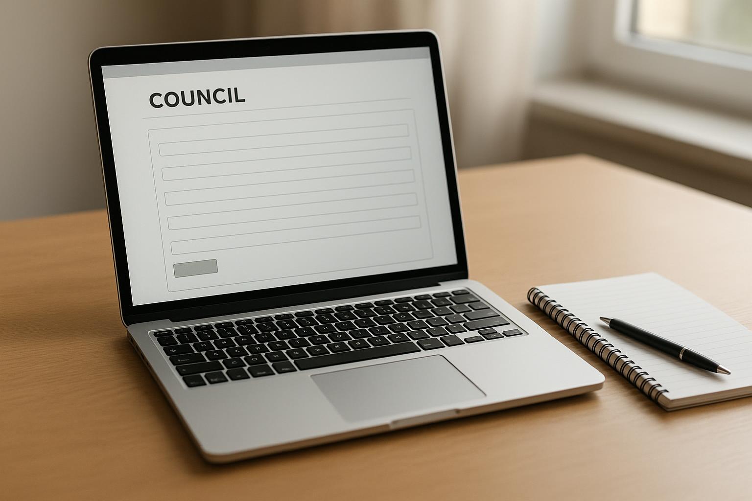 A laptop on a desk showing a generic council web form with blank fields, beside a notepad and a pen, no readable text