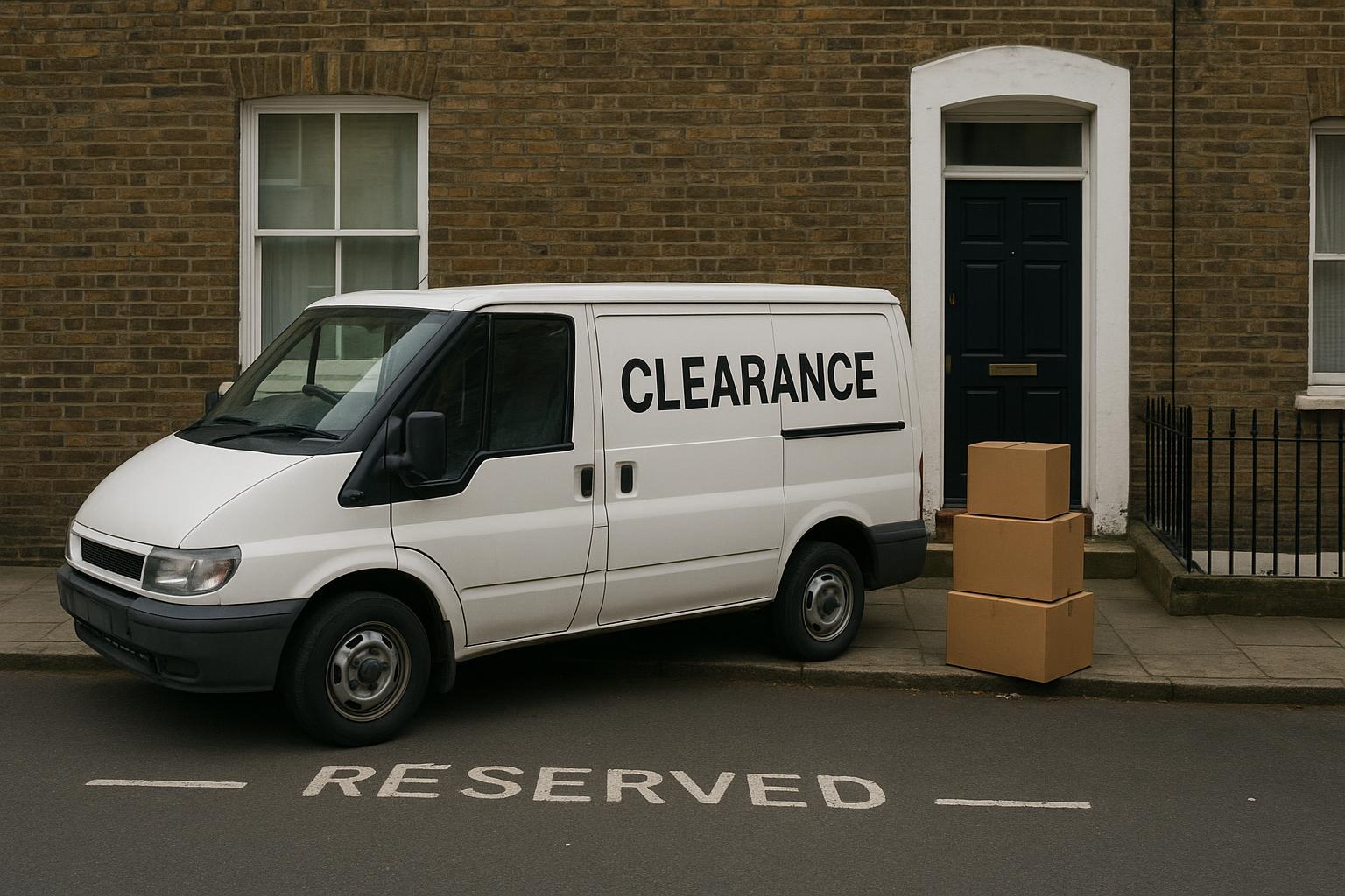 A white clearance van parked in a reserved bay outside a London terraced house with boxes stacked beside the front door