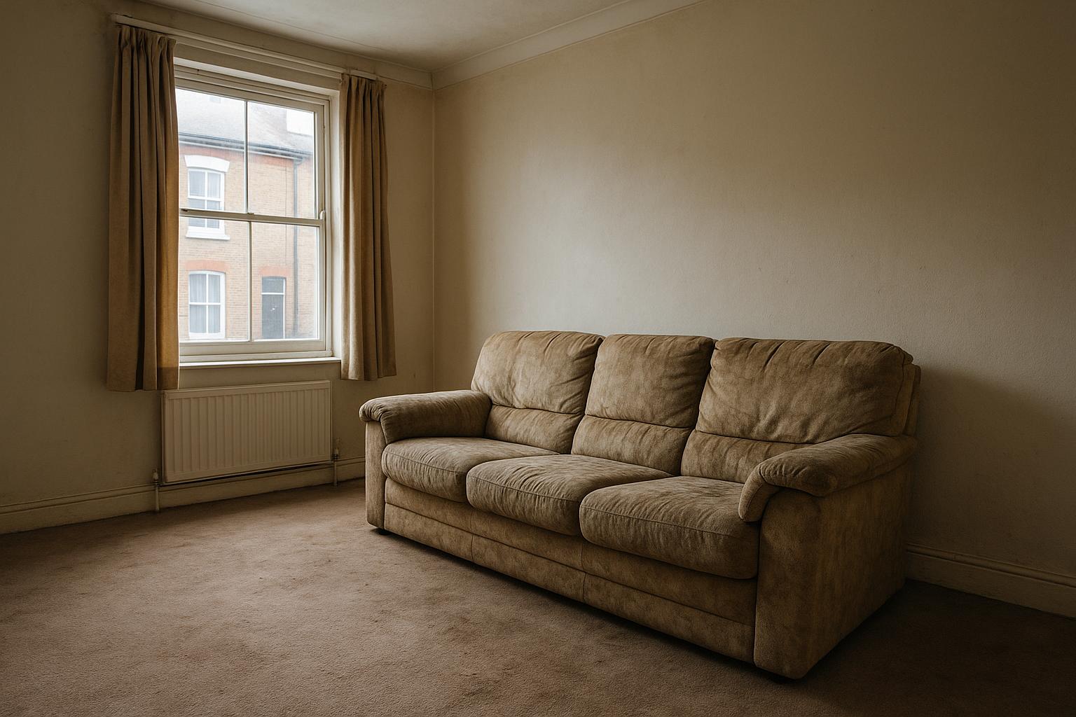 A worn fabric three-seater sofa in an empty living room of a London terraced house, no people, no readable text