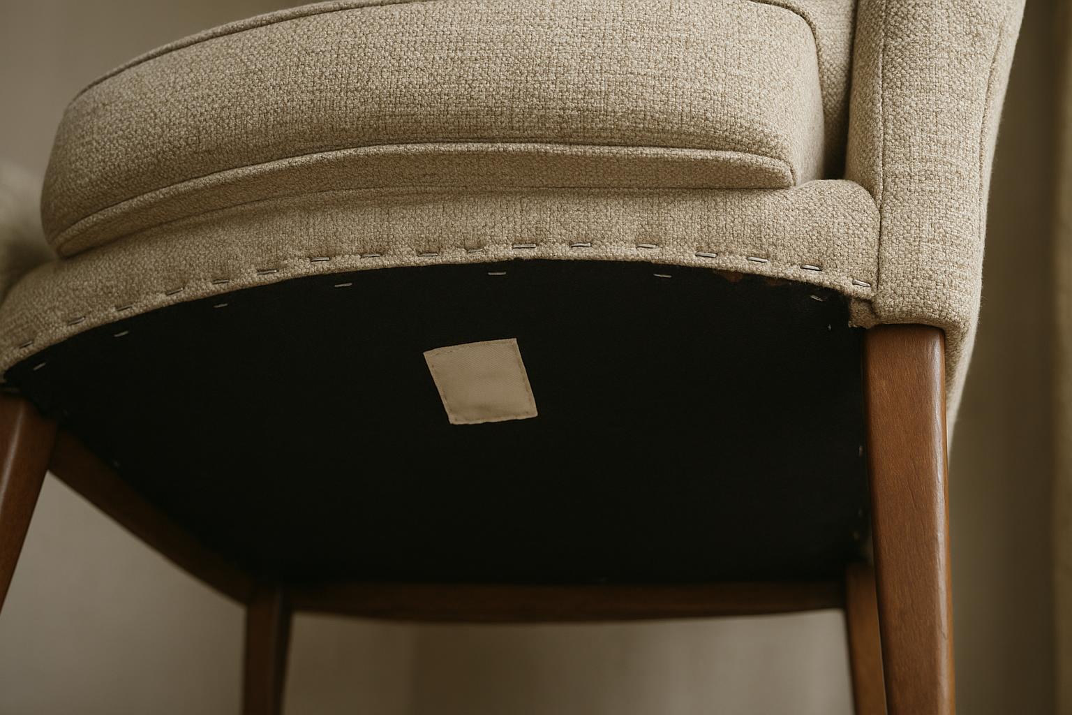 A close-up of the underside of an upholstered armchair with a stapled fabric cover and a small fabric label, no readable text