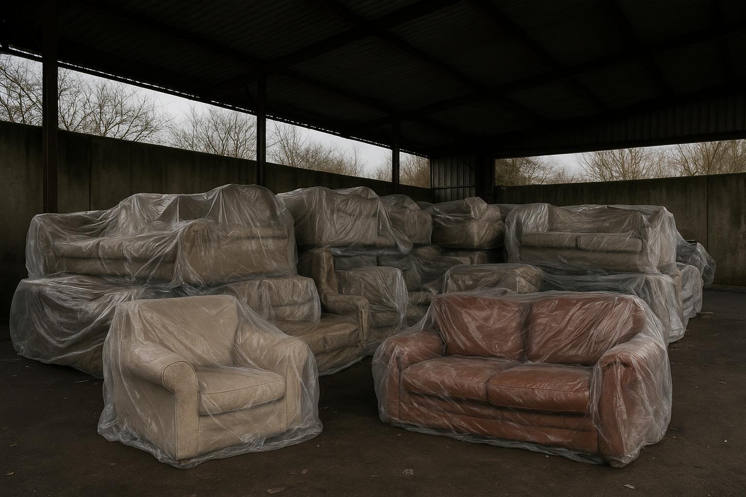 Old sofas and armchairs stacked and wrapped in plastic sheeting inside a covered waste transfer yard in the UK, no people