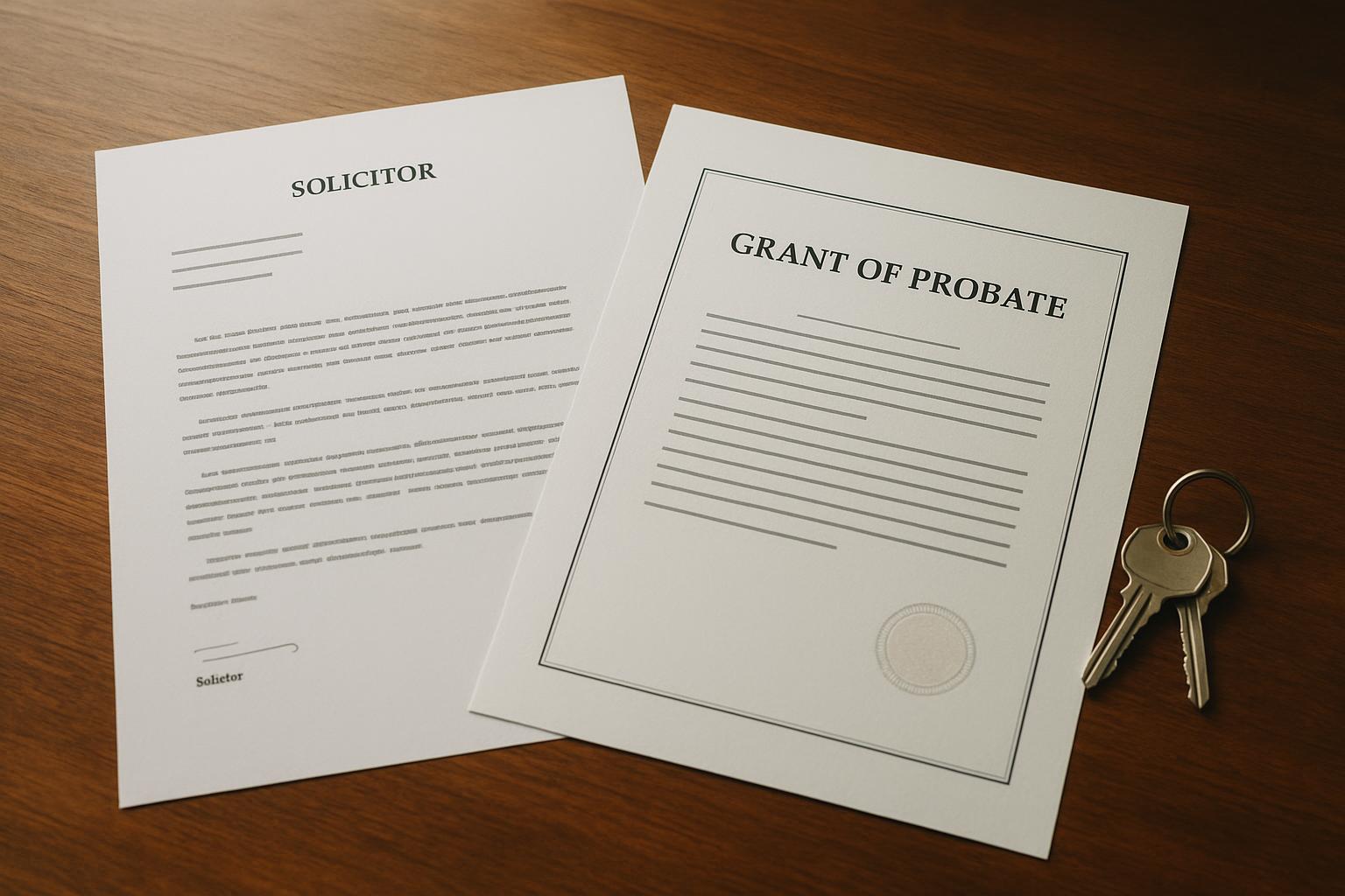 A solicitor's letter and an official-looking probate document on a desk next to a set of house keys