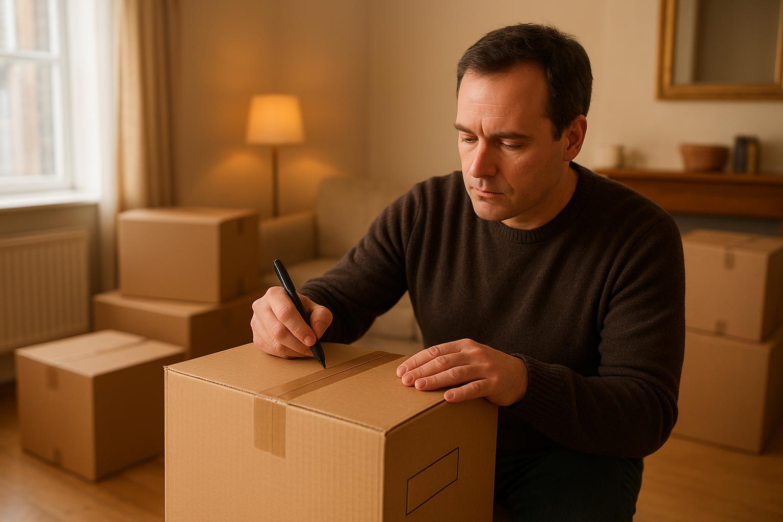 An executor carefully labelling cardboard boxes while sorting belongings in a quiet London home