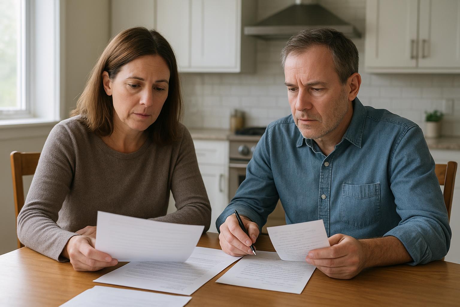 Two family members sitting together at a kitchen table reviewing paperwork about a family estate