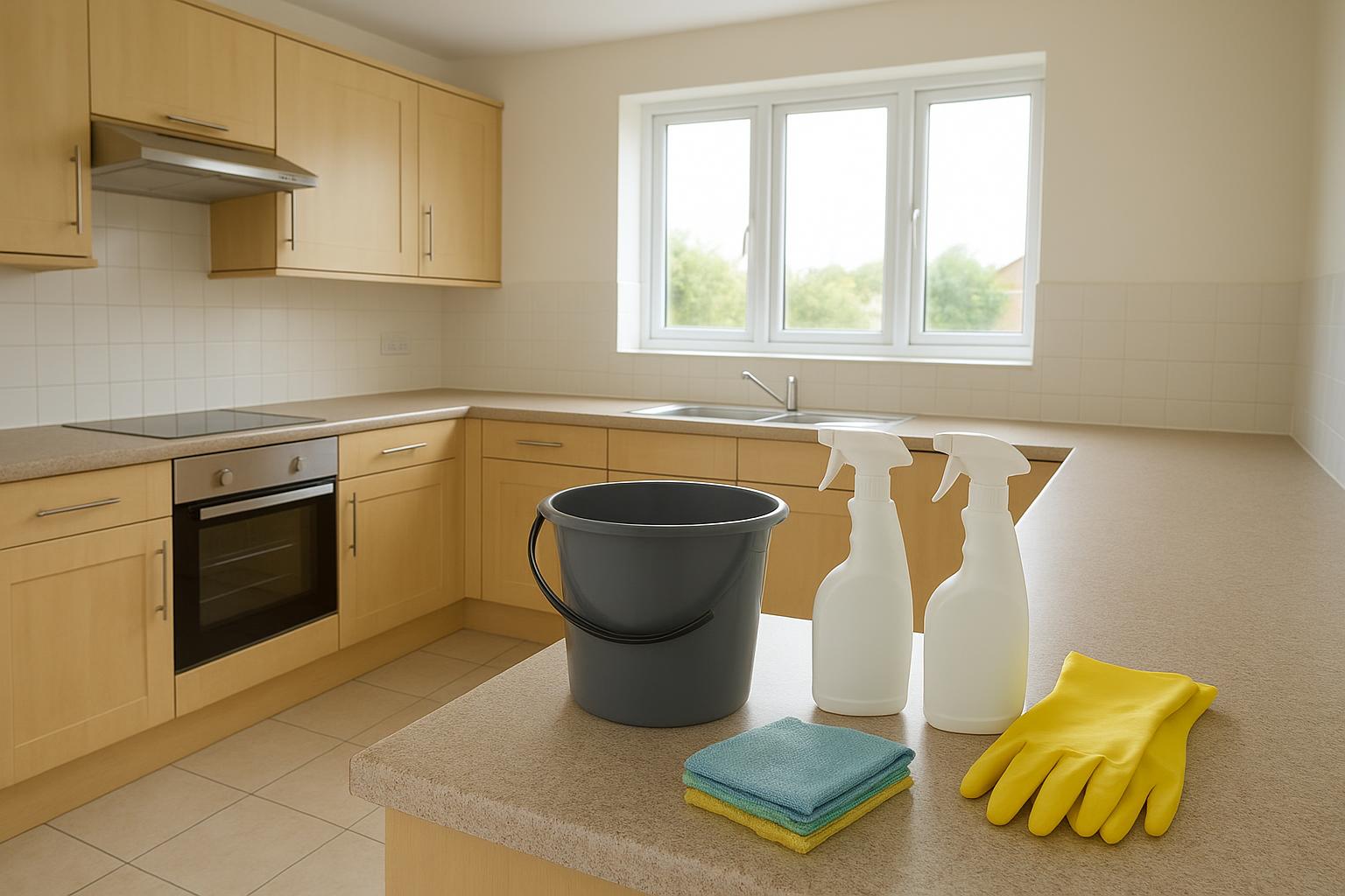 Empty UK kitchen with bare worktops, a grey bucket, two plain white spray bottles, folded microfibre cloths and yellow rubber gloves on the counter