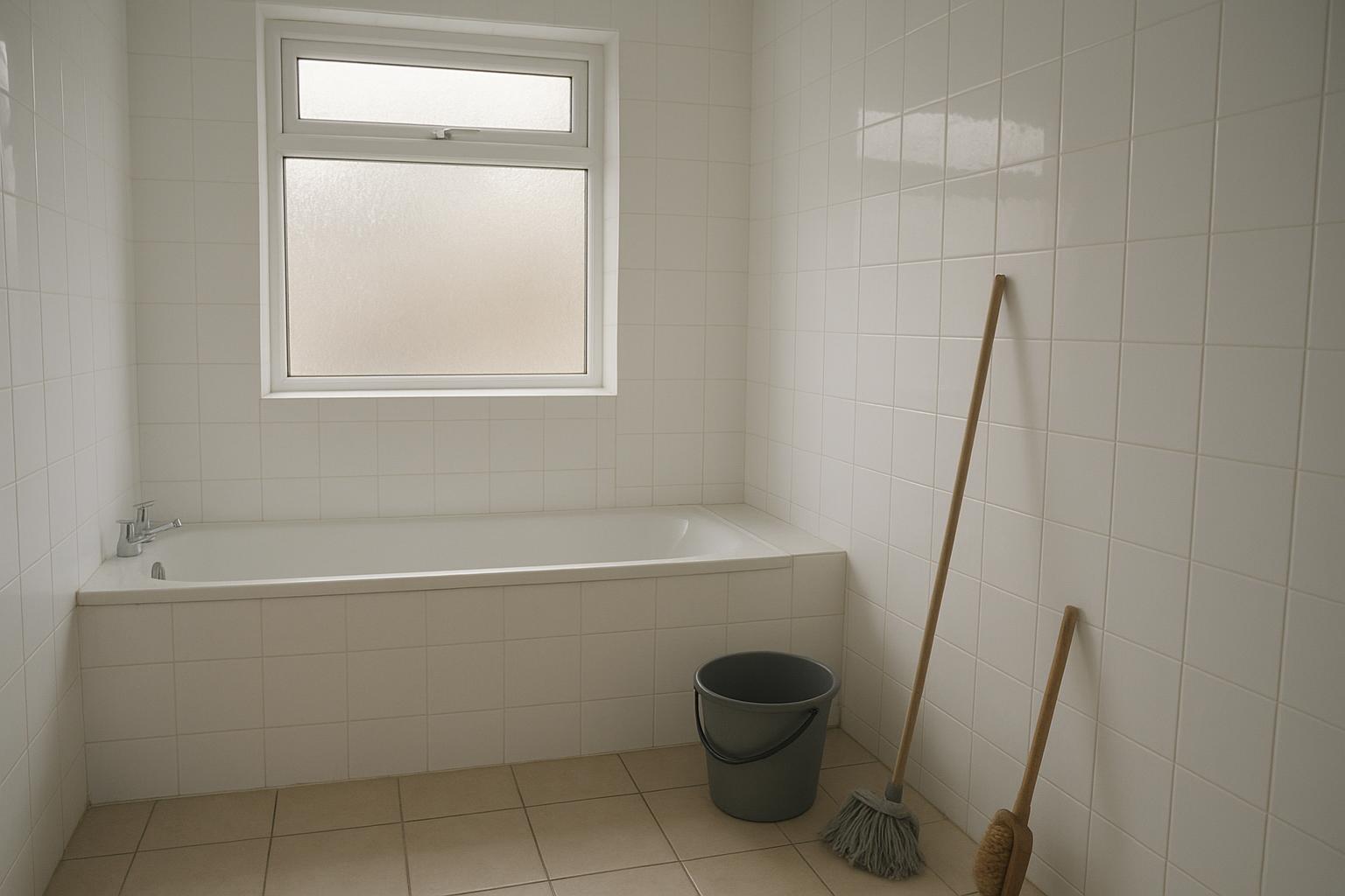 Empty tiled bathroom with a white bath, frosted window, grey bucket, mop and scrubbing brush leaning against the wall