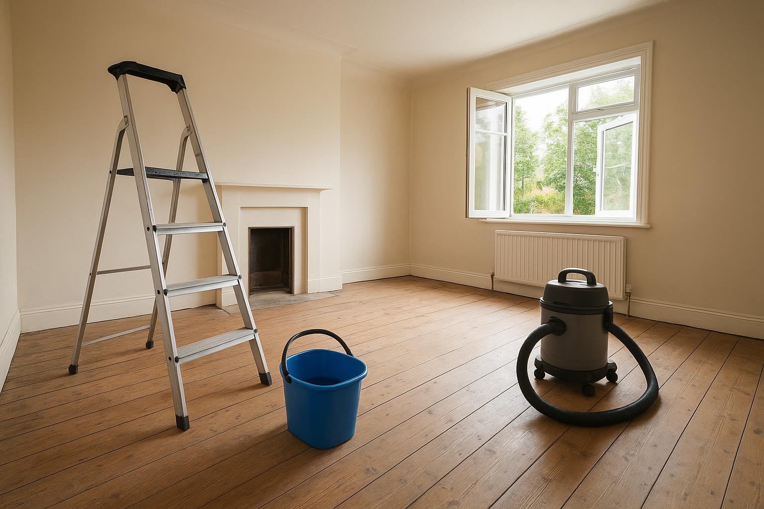 Empty living room with bare floorboards, open window, stepladder, blue bucket and wet-and-dry vacuum cleaner on the floor