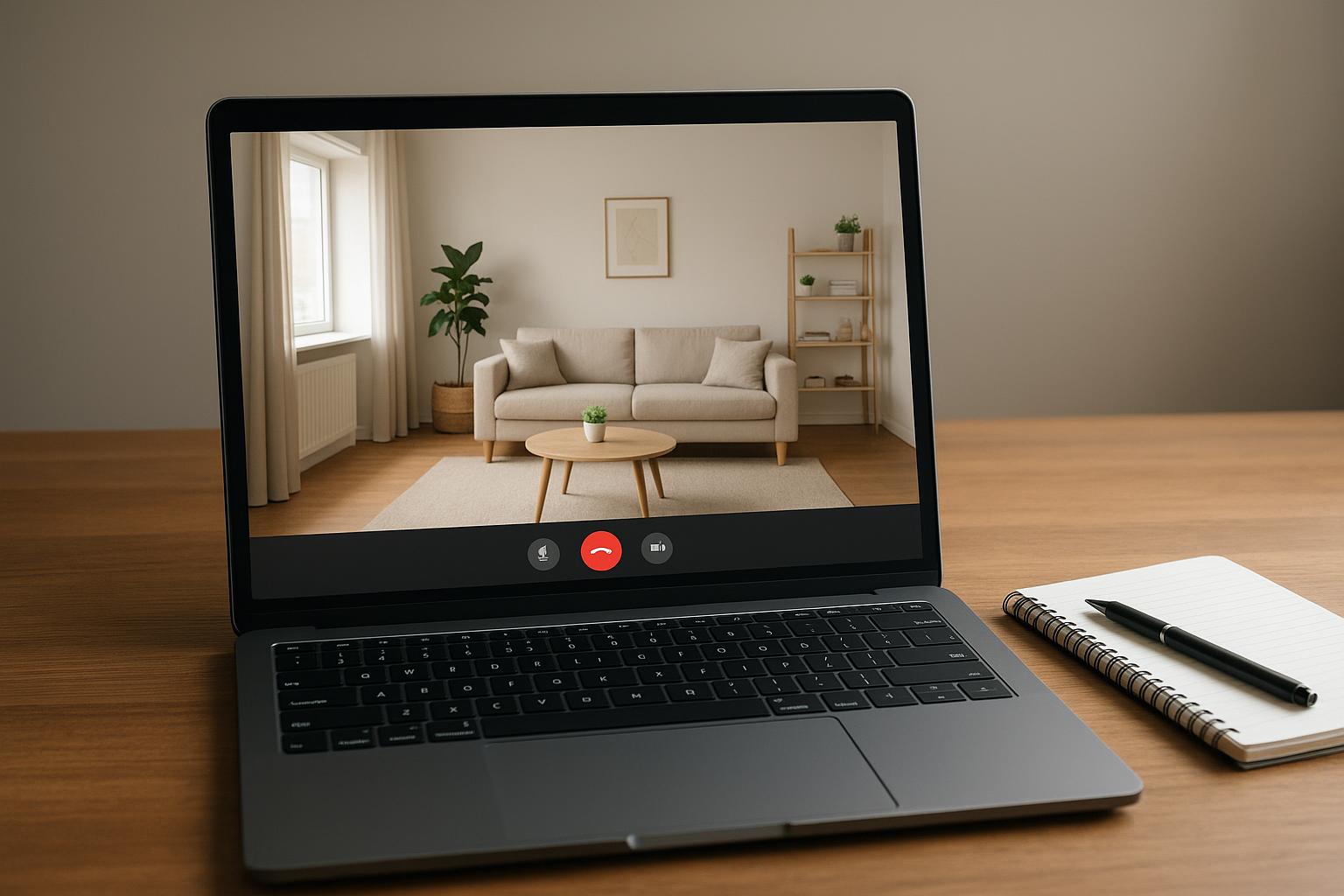 Laptop screen showing a video call with an empty living room visible, no faces visible, on a desk with a notebook
