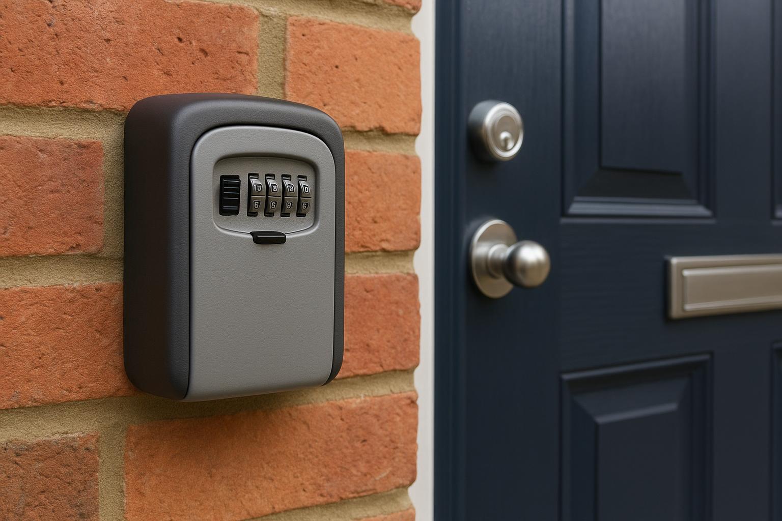 Key safe lockbox mounted beside a front door, close-up view, no people visible