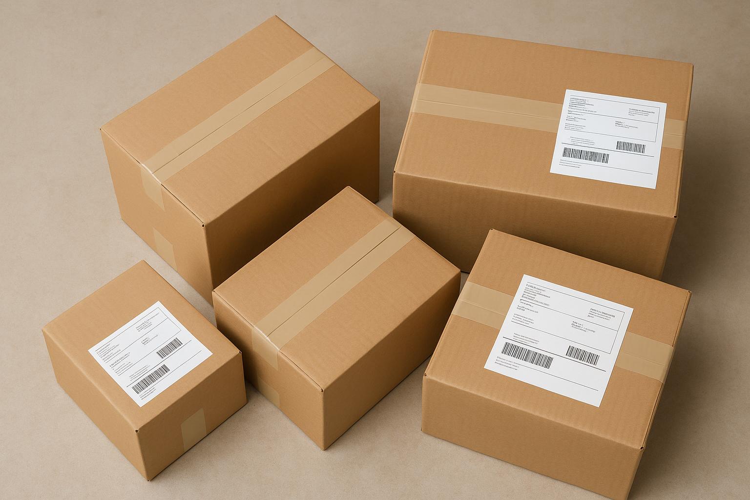 Stack of moving boxes with shipping labels, overhead shot, no people visible