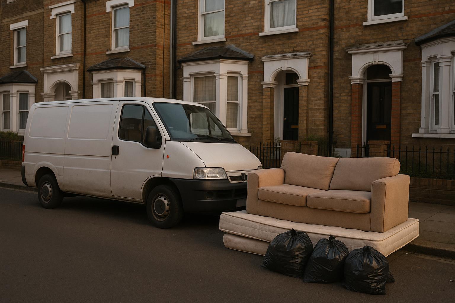 A white panel van parked on a London residential street with a pile of sofa, mattress and bin bags stacked on the pavement beside it, evening light