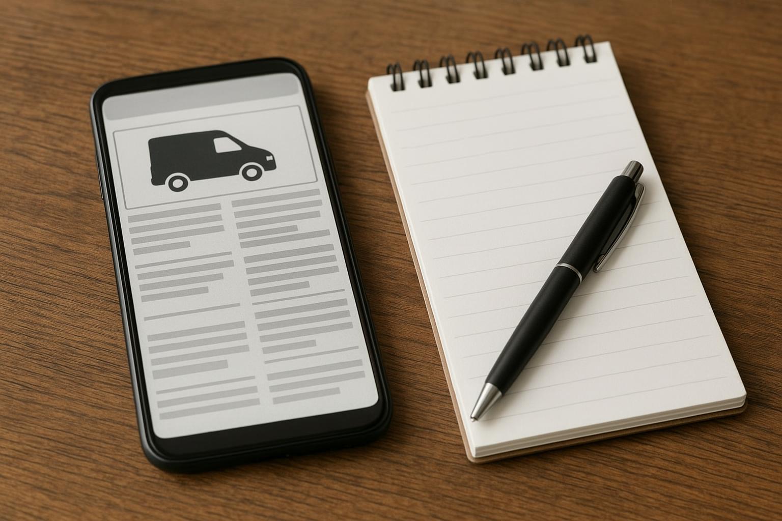 A smartphone on a wooden table showing a generic classified advert page with a van icon, beside a notepad and a pen, no readable text