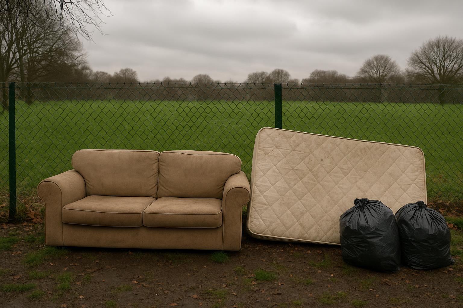A dumped sofa, mattress and black bags beside a wire fence at the edge of a London green space, overcast day