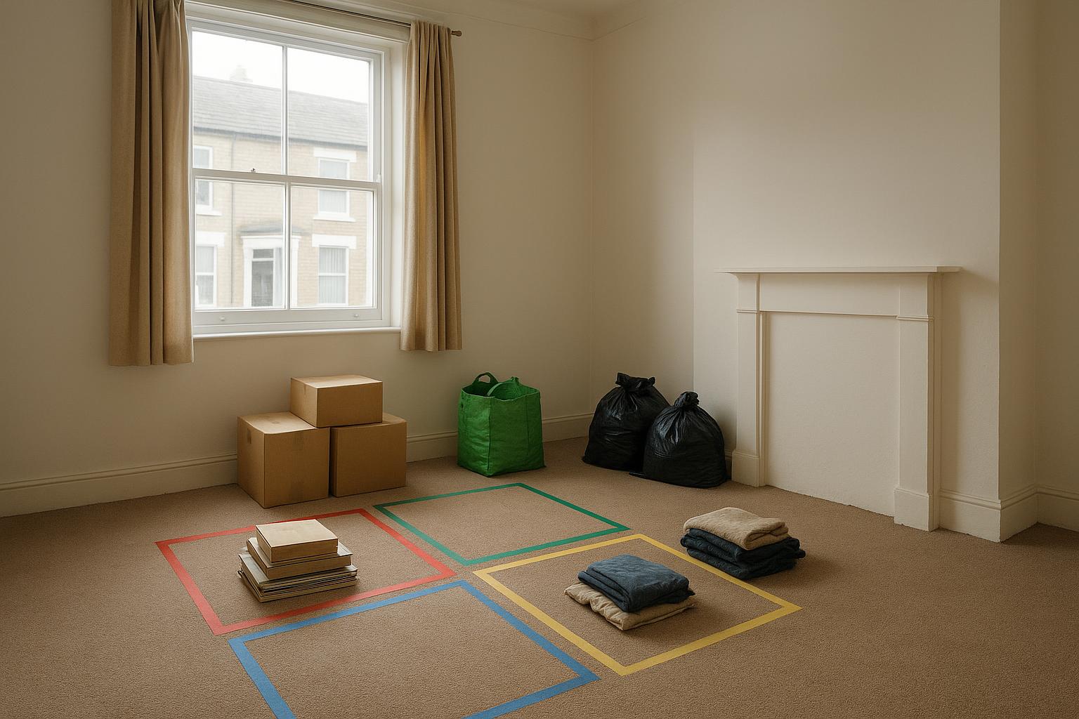 Bright empty living room with four squares of coloured tape on the carpet holding small piles of books and folded textiles, with boxes, a green bag and black sacks against the wall