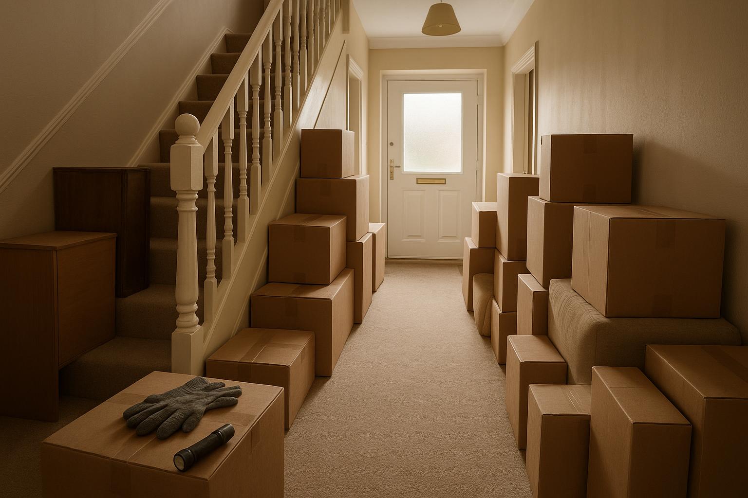 Narrow UK hallway and staircase lined with stacked cardboard boxes and a sofa, with a clear carpeted walkway to the front door and work gloves and a torch on a box