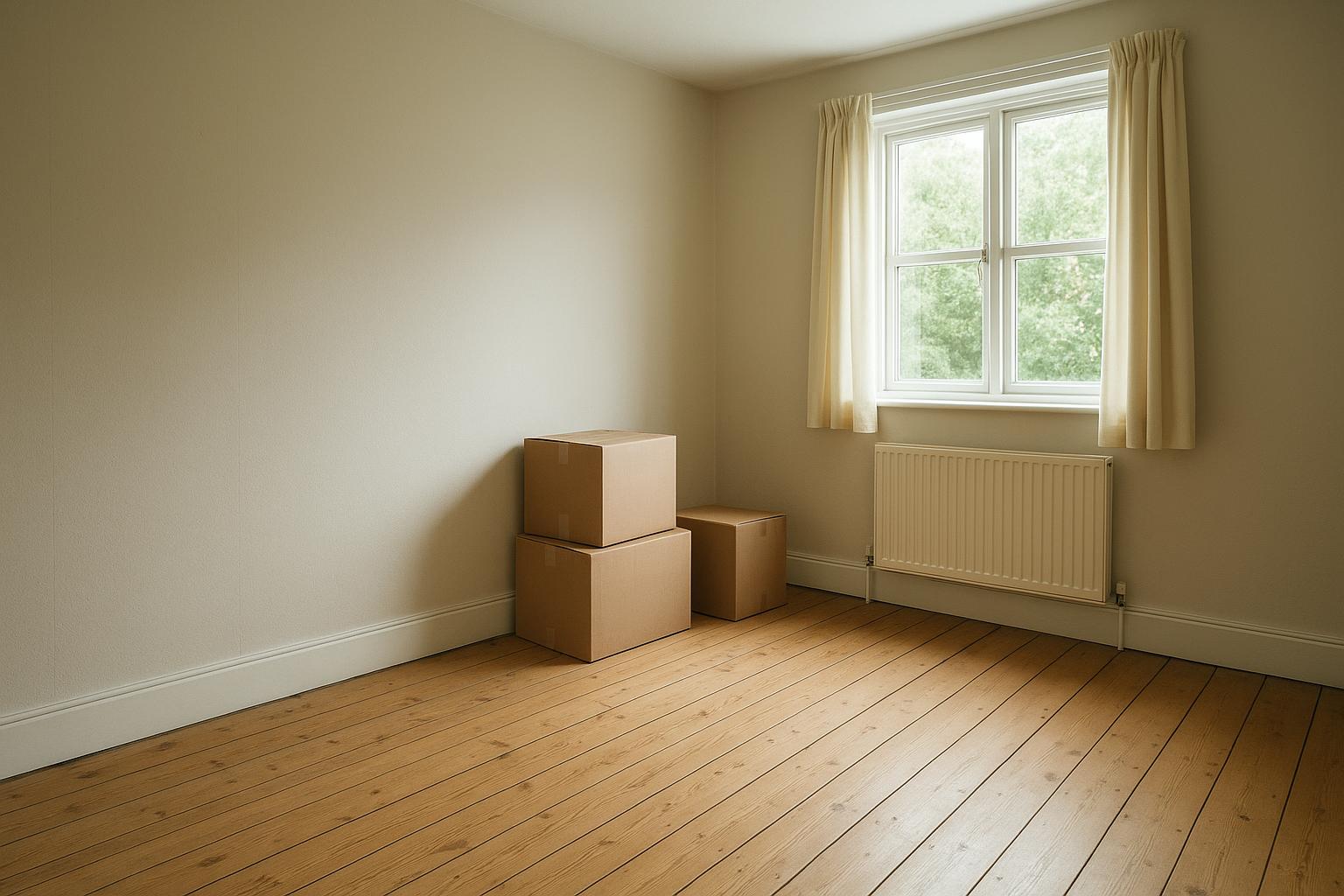 Empty bedroom with bare wooden floorboards, a window with cream curtains, a radiator and two cardboard boxes in the corner