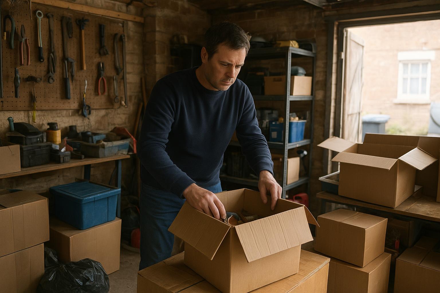 A cluttered home garage with tools, shelving and boxed items ready to be sorted before a clearance