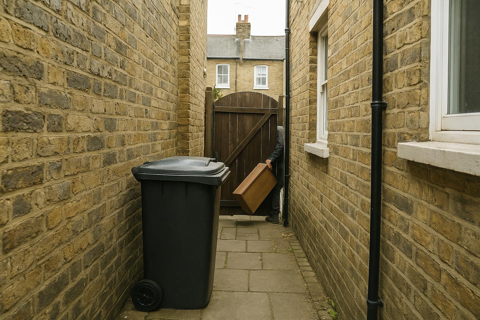 A narrow side passage beside a London terraced house, the kind of access route a clearance crew carries items through