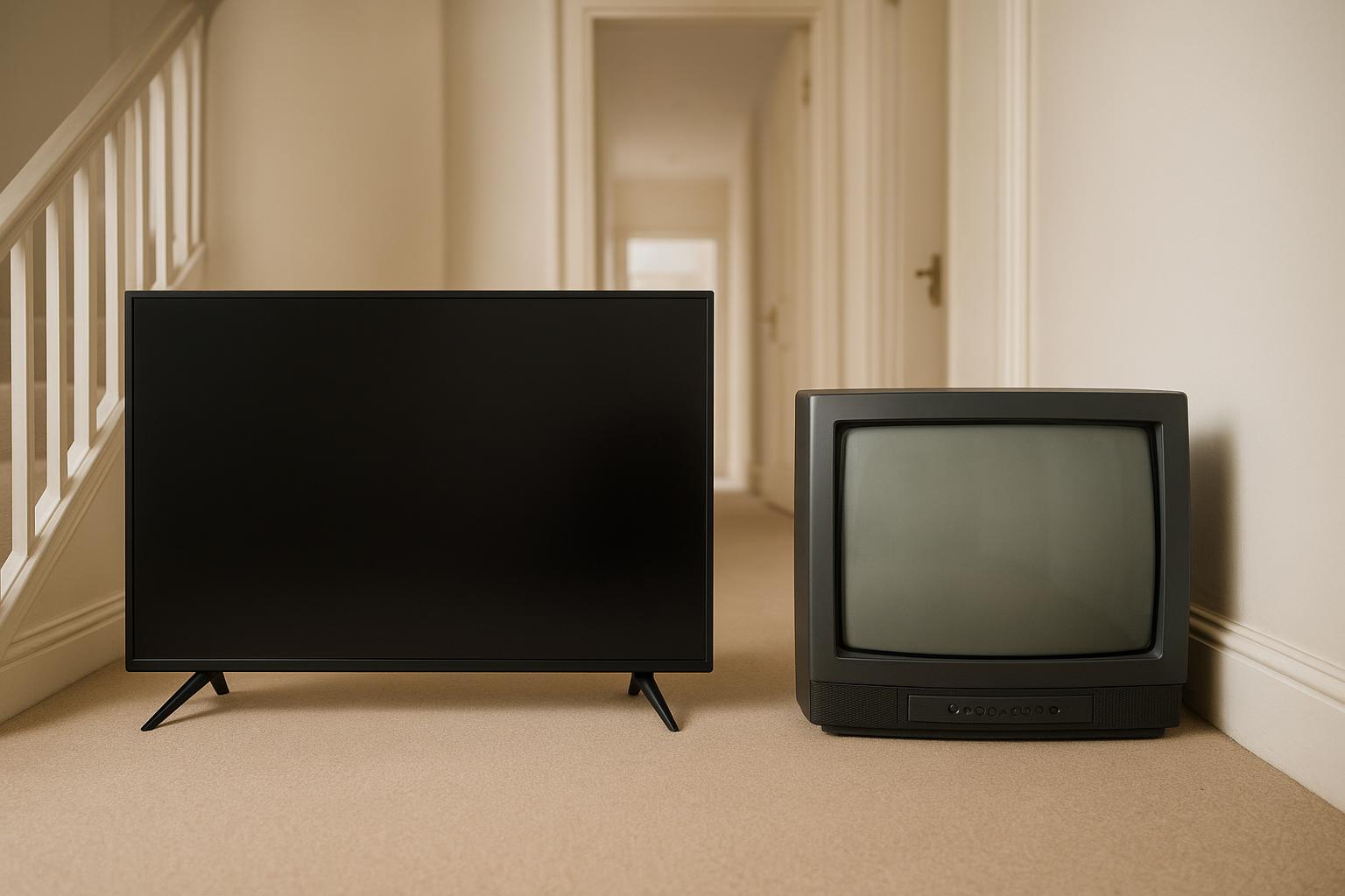 Side-by-side comparison of a slim modern flat-screen TV and a bulky older CRT box television waiting for collection in a London hallway