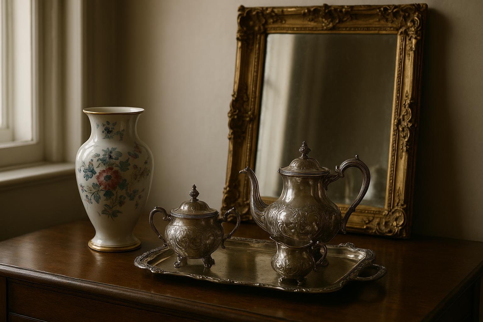 A collection of antique porcelain, a carriage clock and silverware displayed carefully on a table in a period London home