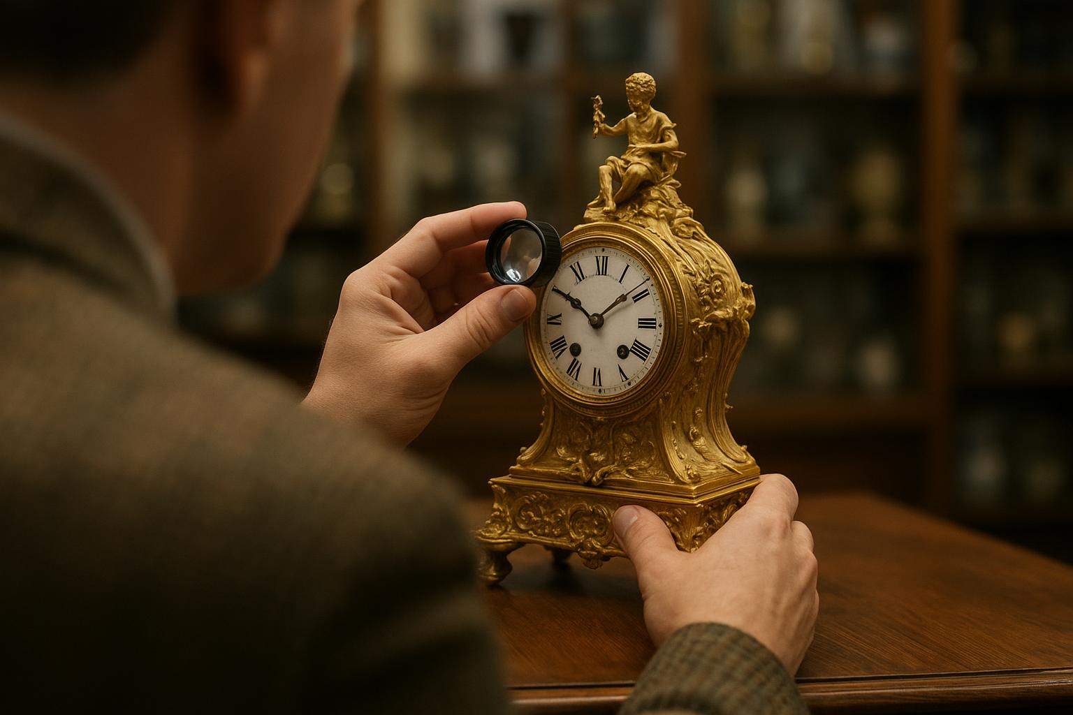 A professional valuer examining an antique item with a loupe at an auction house viewing room