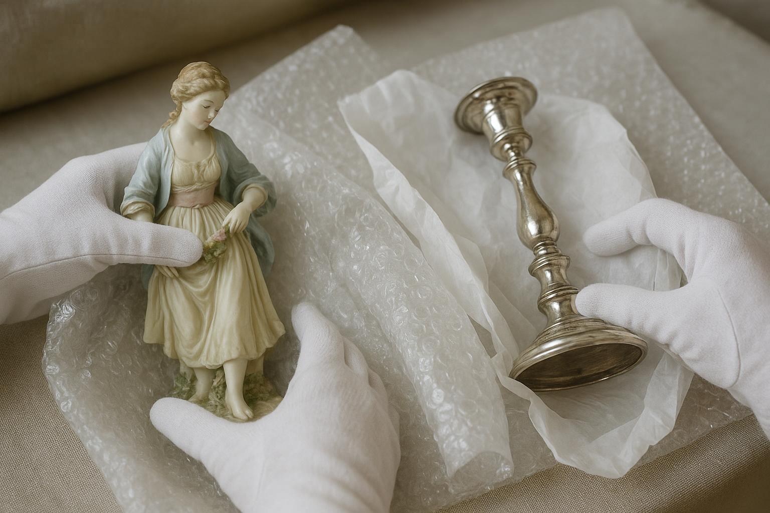 Fragile antique items being carefully wrapped in protective packing material and bubble wrap before storage